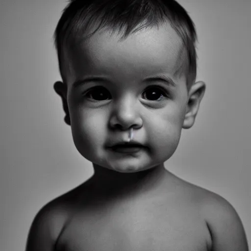 Prompt: portrait of an infant with a chiseled jawline and smug expression, b&w, dramatic lighting