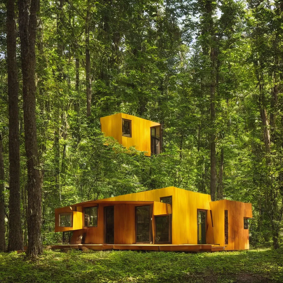 Image similar to a tiny horizontal house in a forest, designed by Frank Gehry. Big tiles. Small wooden pathway . Film grain, cinematic, yellow hue