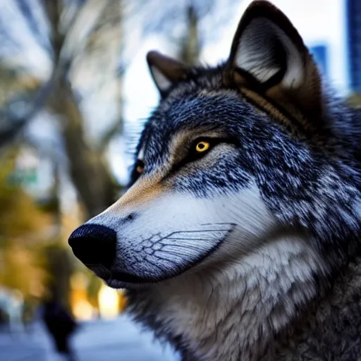 Image similar to portrait of a wolf fursuiter at a furry convention, outdoors in the city, realisitc photo