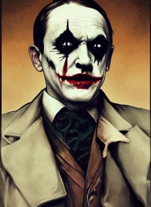 Image similar to a still of Hitler as the Joker in Joker 2020, realistic, Gotham city, sigma male, accurately portrayed, portrait art by alphonse mucha and greg rutkowski, highly detailed, digital painting, concept art, illustration, dim lighting with twilight rays of sunlight, trending on artstation, very detailed, smooth, sharp focus, octane render, close up