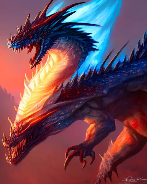 Prompt: a fantasy fire and ice dragon, blizzard concept artists, magic the gathering, detailed, trending on artstation, deviantart, 8k, vibrant, high res