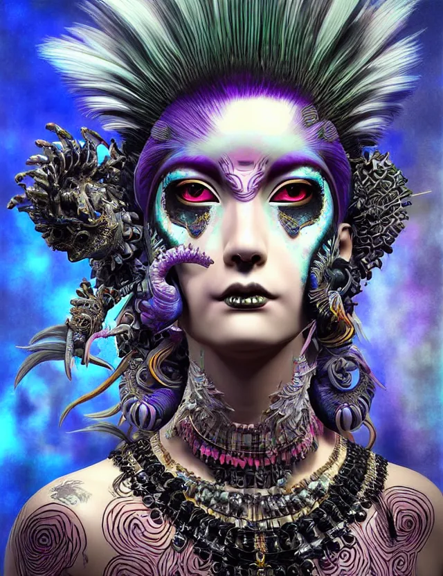 Image similar to 3 d photo realistic goddess close - up profile portrait punk with mohawk with ram skull. beautiful intricately detailed japanese crow kitsune mask and clasical japanese kimono. betta fish, jellyfish phoenix, bio luminescent, plasma, ice, water, wind, creature, artwork by tooth wu and wlop and beeple and greg rutkowski