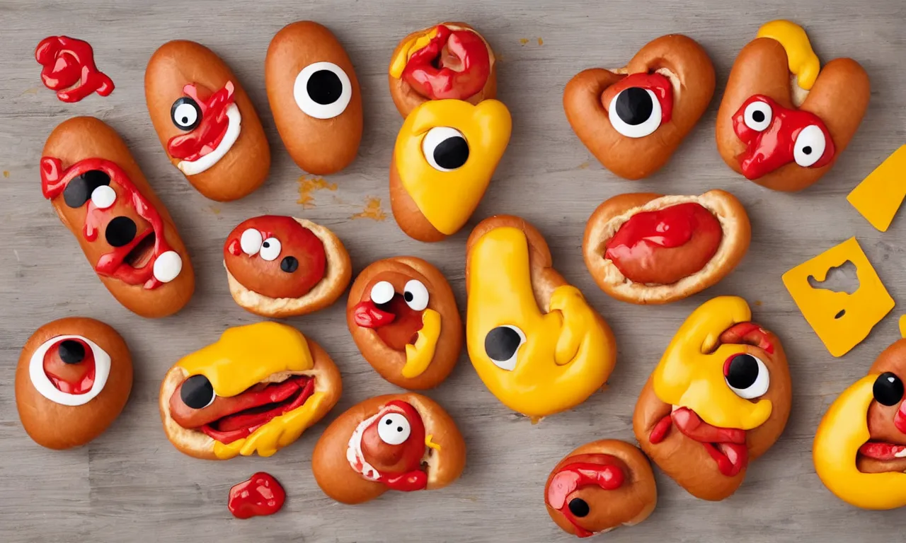 Image similar to happy smiling hotdogs with googly eyes having fun, dripping with ketchup and mustard and cheese, photorealistic