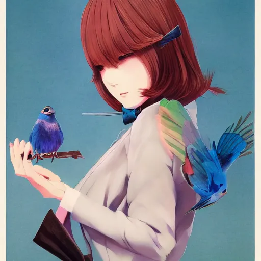 Image similar to colored pencil, anime art, beautiful full body female pinup girl, she is holding an indigo bunting bird, in her hand, the bird is wearing a bowtie, wlop, rossdraws sakimimichan, ilya kuvshinov, krenz cushart, greg rutkowski