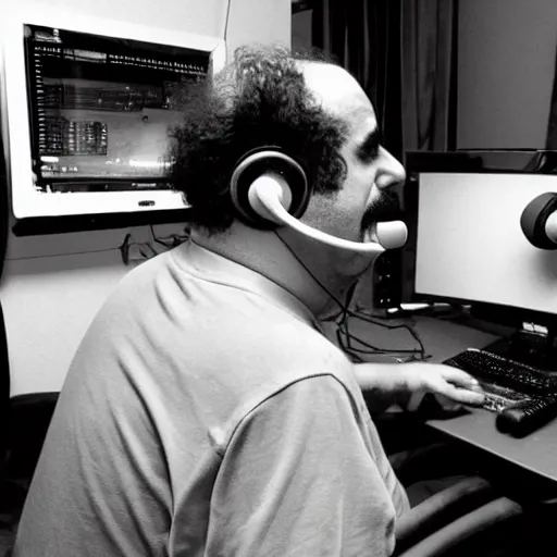 Image similar to obese Frank Zappa wearing a headset yelling at his monitor while playing WoW highly detailed wide angle lens 10:9 aspect ration award winning photography