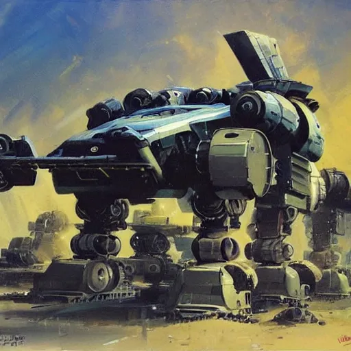 Prompt: a futuristic mech tank with six robot legs and a huge cannon, painting by john berkey