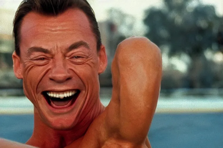 Image similar to hyperrealistic 1992 Jean Claude Vandamme doing the splits, laughing hysterically, doing the spilts with his legs going pointing two separate directions, between two chairs over a toilet, golden hour, smiling, award winning