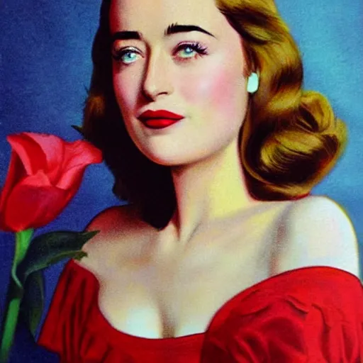 Image similar to “Dakota Johnson portrait, color vintage magazine illustration 1950”