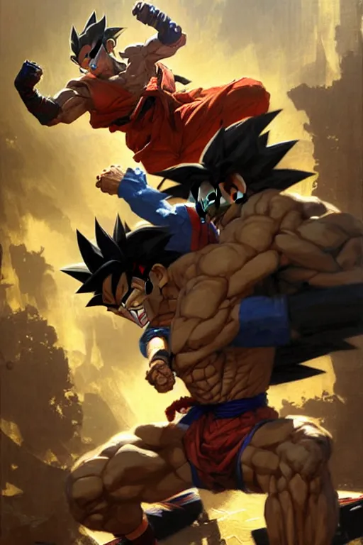 Prompt: obama fighting goku portrait dnd, painting by gaston bussiere, craig mullins, greg rutkowski, yoji shinkawa