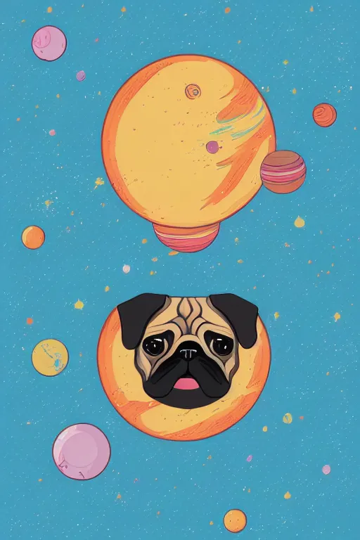 Image similar to planet pug floating in space, art by brian miller, sticker, colorful, illustration, highly detailed, simple, smooth and clean vector curves, no jagged lines, vector art, smooth