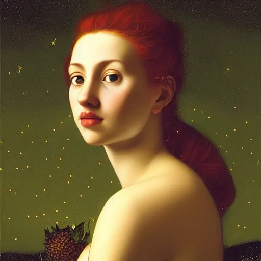 Image similar to portrait of happy a young woman, among the lights of golden fireflies and nature, long loose red hair, intricate details, bright green eyes, freckles on the nose, round gentle face, romantic dress, deep focus, sharp, golden ratio, hyper realistic digital art by artemisia lomi gentileschi and caravaggio