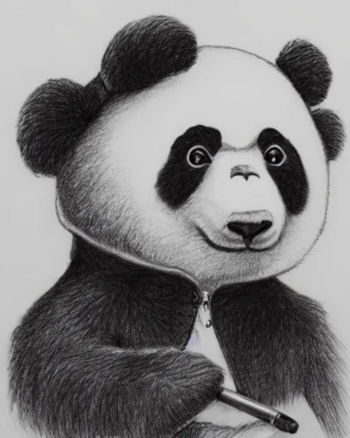 Image similar to a pencil drawing of an anthropomorphic panda wearing a hoodie on his head. head shot, by Pen Tacular