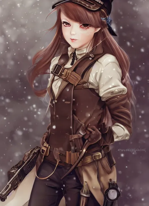 Image similar to girl with steampunk weapons and uniform, serious, intense, finely detailed, made by artgerm, full body portrait, illustration, snow, snowing, cloudy, anime, side view, perfect anime face, realistic face, zoomed out, smooth, brown eyes, high waisted shorts, sharp focus