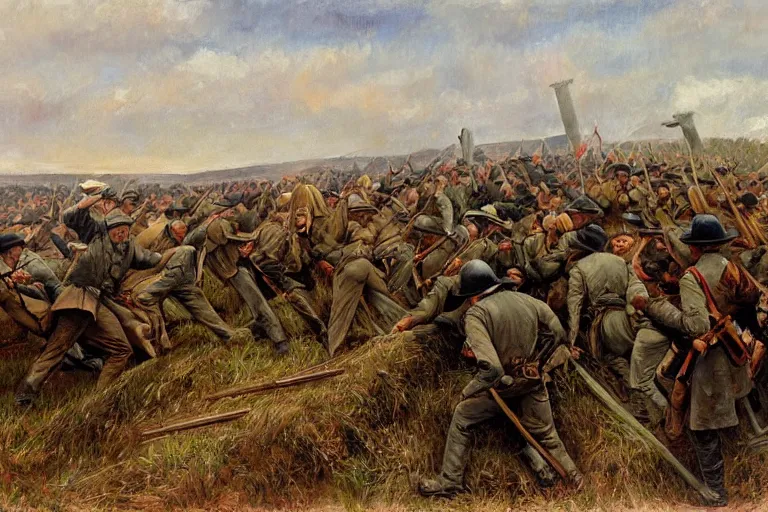 Image similar to american civil war trench battle in the style of jules breton