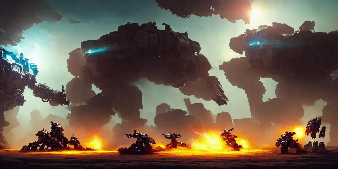 Prompt: Big robots fight against each other in a white desert with colorful powder explosions in the environment, by Andreas Rocha and Greg Rutkowski, and Martin Johnson Heade, colorful, epic, atmospheric, Titanfall mech, Metal Gear Mech, Warhammer mech, intricate, featured on artstation, golden ratio, f32, well composed, cohesive, 4k resolution