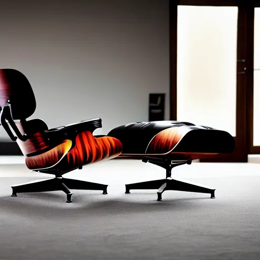 Prompt: eames lounge chair and ottoman redesigned by zaha hadid, product picture, photography