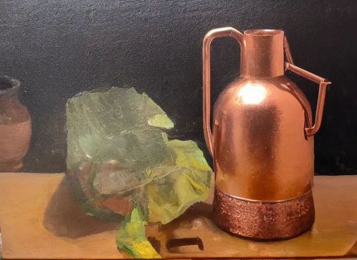 Image similar to oil painting of vintage copper still