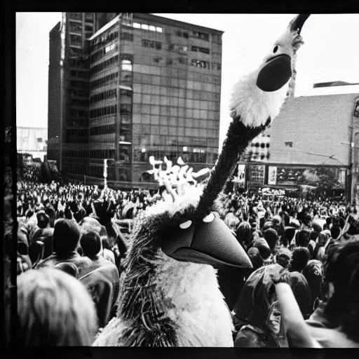 Prompt: a 35mm photo of Big Bird inciting a riot