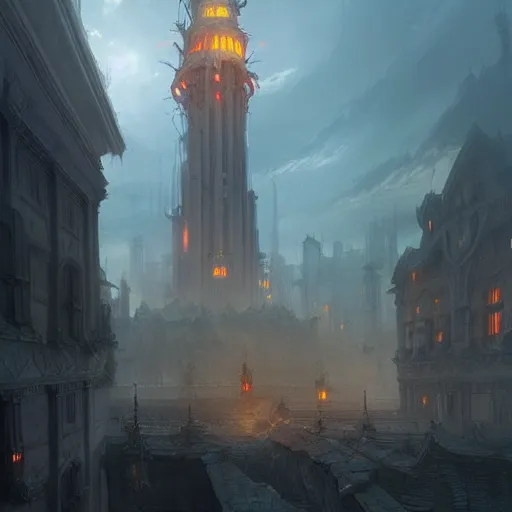 Image similar to dread tower - evil citadel. volumetric lighting, spring afternoon, overcast weather, realistic illustration, perfectly shaded, soft painting, art by krenz cushart and wenjun lin