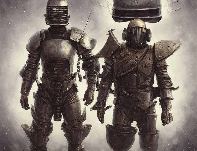 Prompt: a detailed portrait painting of a lone bounty hunter wearing combat armour and a reflective visor. Dieselpunk elements. Movie scene, cinematic sci-fi scene. Flight suit, cloth and metal, accurate anatomy. Samurai influence, knight influence. fencing armour. portrait symmetrical and science fiction theme with lightning, aurora lighting. clouds and stars. Futurism by moebius beksinski carl spitzweg moebius and tuomas korpi. baroque elements. baroque element. intricate artwork by caravaggio. Oil painting. Trending on artstation. 8k