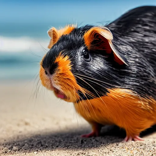 Prompt: a guinea pig using a metal detector on the beach, 4k photorealism