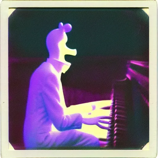 Prompt: mac tonight playing piano. hazy grainy borderless polaroid photo. vaporwave album cover titled