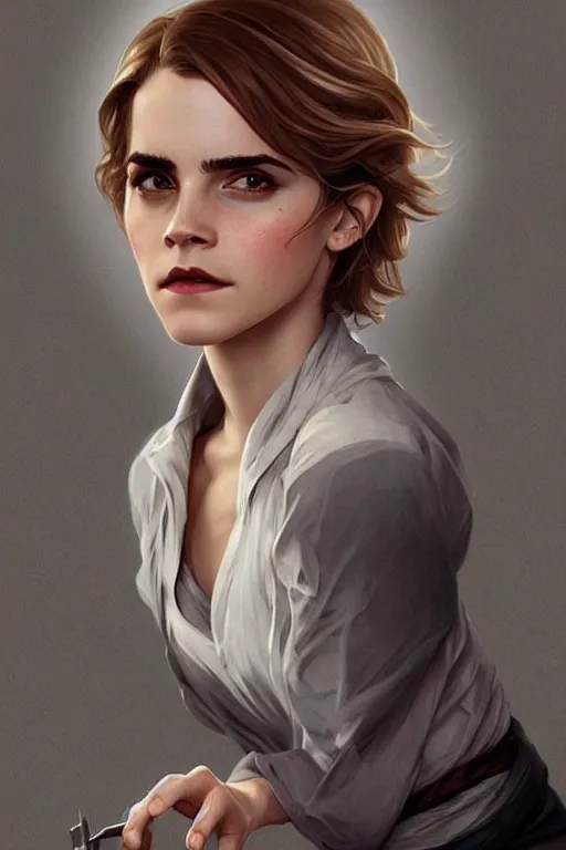 Prompt: science-fiction character portrait of emma watson, short silver hair, tall, elegant, highly detailed, digital painting, artstation, upper body, concept art, smooth, sharp focus, illustration, art by artgerm and greg rutkowski and alphonse mucha