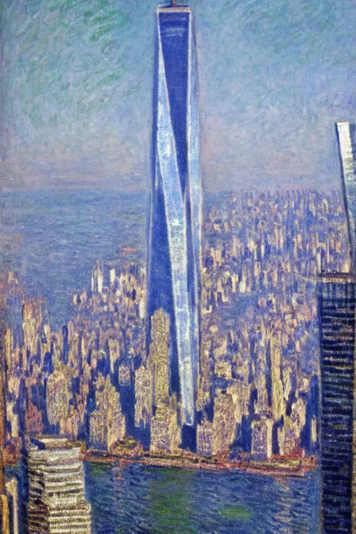 Prompt: One World Trade Center, New York City, illustrated by Claude Monet, very detailed