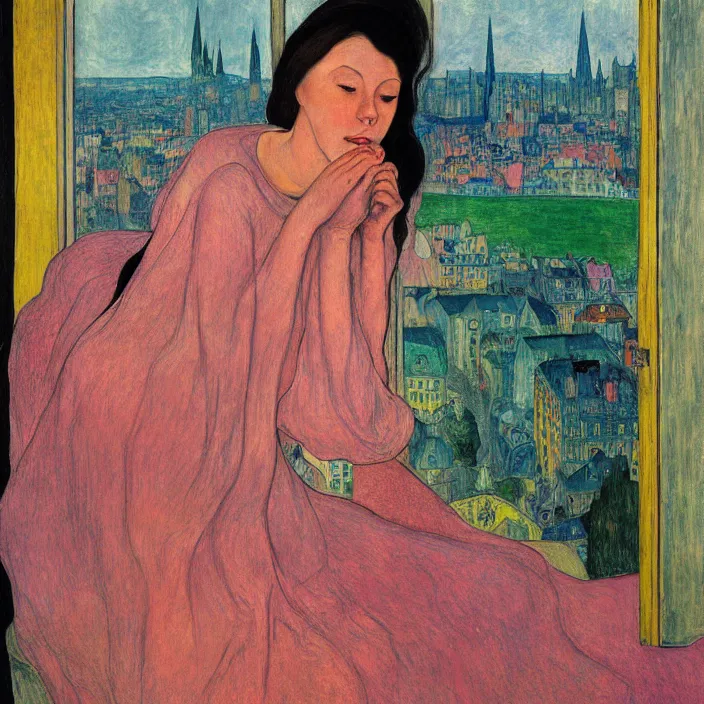 Prompt: close portrait of woman in transparent vaporous night gown washing her feet with cat and aloe vera, with city with gothic cathedral seen from a window frame with curtains. sun setting through the clouds, vivid iridescent psychedelic colors. agnes pelton, egon schiele, munch, henri de toulouse - lautrec, utamaro, monet