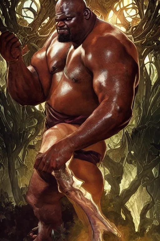 Prompt: portrait of shaquille o'neal as a hulking herculean demon, forest, godlike, full body, fantasy, intricate, elegant, highly detailed, digital painting, artstation, concept art, sharp focus, illustration, art by artgerm and greg rutkowski and alphonse mucha