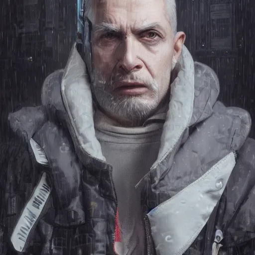 Prompt: very cool man grey hair with mask, streetwear, techwear, cyberpunk style outfit, full body, nose piercing, detailed portrait, intricate complexity, by greg rutkowski, cushart krentz, artgerm, ross tran, conrad roset, takato yomamoto, ilya kuvshinov. 4 k, beautiful, cinematic dramatic atmosphere, portrait lighting