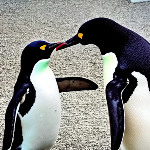 Prompt: a penguin is holding a iphone, taking picture of a family