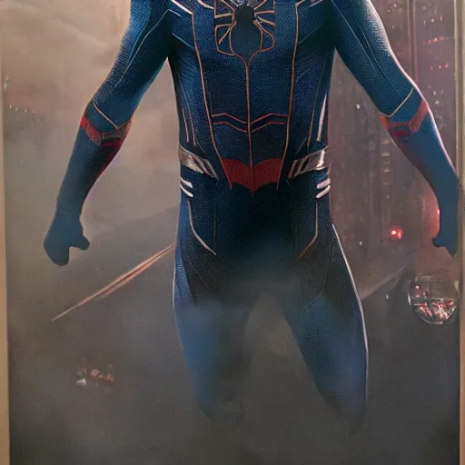 Image similar to ryan reynolds as spider - man, wearing a black and blue suit, cinematic, volumetric lighting, f 8 aperture, cinematic eastman 5 3 8 4 film, photorealistic by greg rutkowski, by stanley artgerm, by alphonse mucha