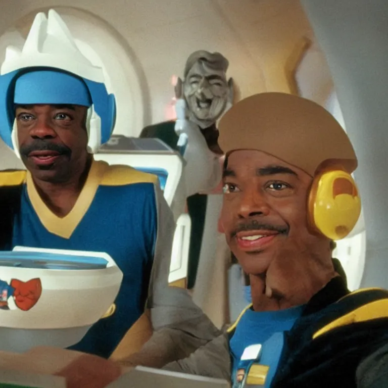 Prompt: levar burton wearing retro visor and frisbees and plastic mixing bowls on his head on the starship enterprise