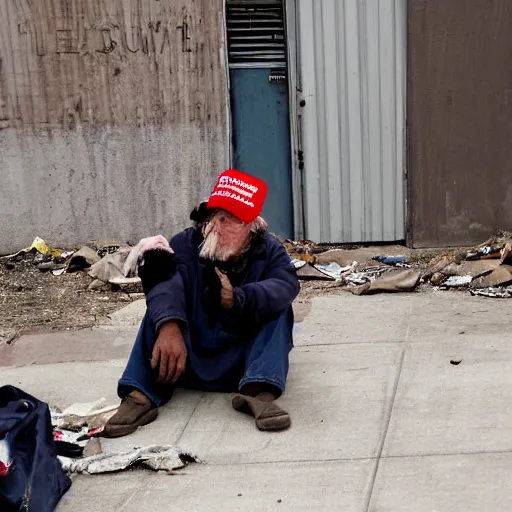 Image similar to donald trump dressed as a homeless man living in the slums