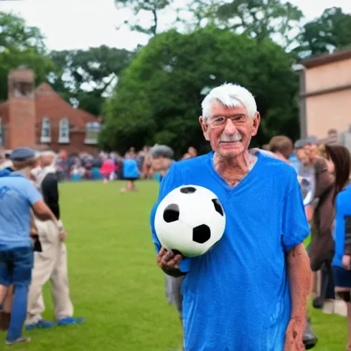 Prompt: an old man with blue hair bringing his priceless soccer ball to the antiques roadshow,