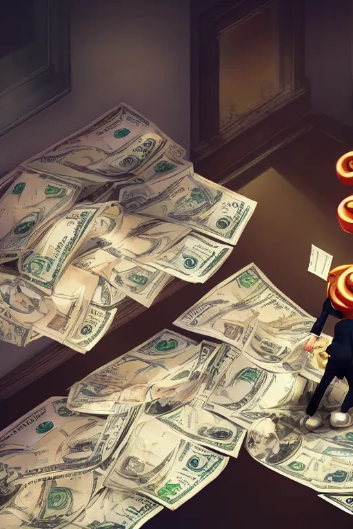 Prompt: a dynamic digital painting and illustration of buzy waiter getting stack of dollars, rendered in octane, cgsociety, artstation, cinematic lighting, 4K, very intricate, HDR