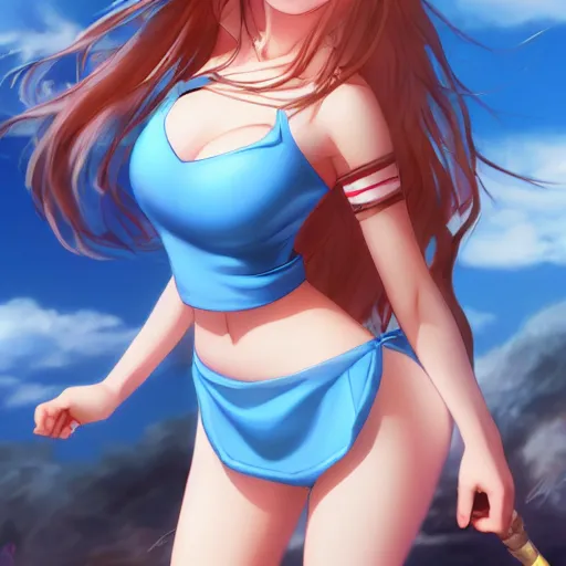 Prompt: a very beautiful young megumin, full body, long wavy blond hair, sky blue eyes, full round face,, bikini, miniskirt, front view, mid - shot, highly detailed, cinematic wallpaper by stanley artgerm lau