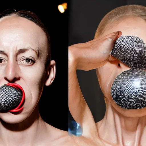 Image similar to woman who can detach her lower jaw stretched open her maw to swallow a disco ball iris van herpen