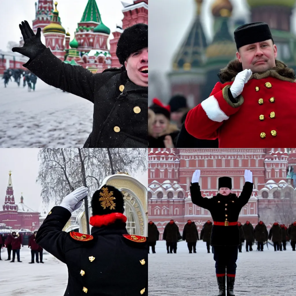 Prompt: a russian saluting in moscow during christmas