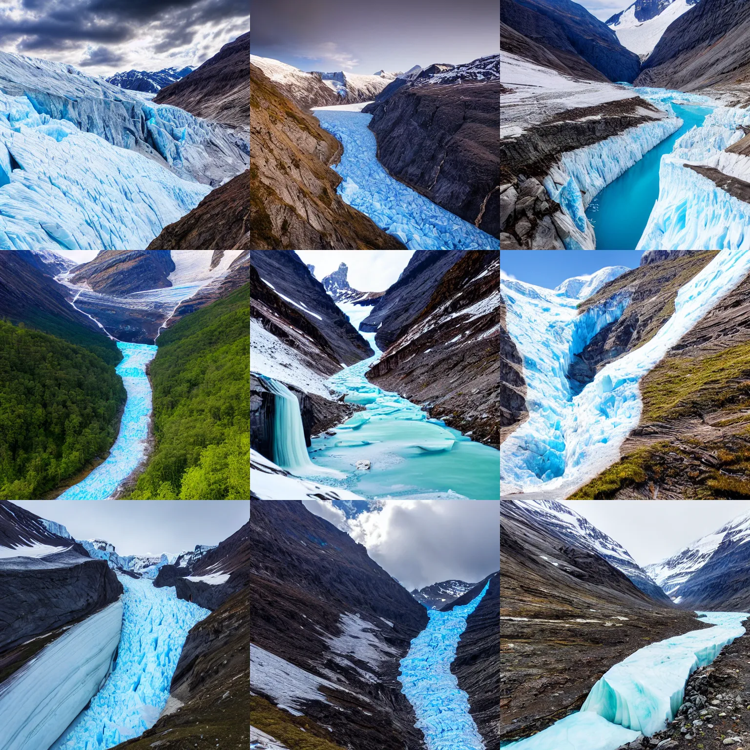 Prompt: icefall glacier flowing down valley in the mountains, cozy hut above cliff side, sony dslr, landscape photography, norway, switzerland, award winning nature photo