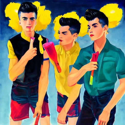 Image similar to a painting of three male teenagers with rockabilly haircuts holding yellow ice pops and looking at women in the streets high details by ross tran