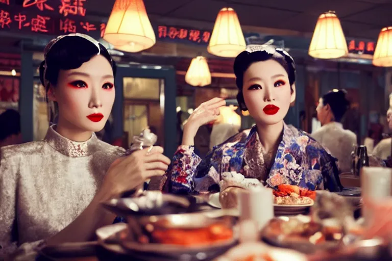 Image similar to movie interior closeup beautiful Chinese fashion model team closeup joking at 50s diner, night in the city, beautiful skin, by Emmanuel Lubezki