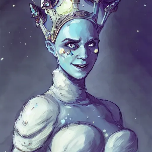 Prompt: mister freeze as an attractive young smiling woman wearing a mushroom crown and heavy armoured wedding dress, face portrait, hd shot, digital portrait, beautiful, fantasy art, artstation, comic style, by artgerm, guy denning, jakub rozalski, magali villeneuve and charlie bowater