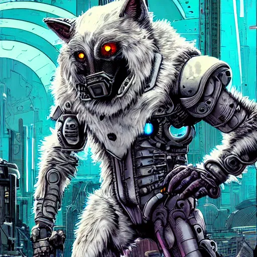 Prompt: portrait of a cybernetic werewolf warrior with white fur and power armor, cyberpunk concept art by josan gonzales and moebius and enki bilal and and dan mumford and jean claude meziere and philippe druilleg