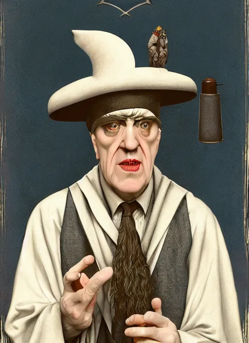 Image similar to moe howard as aleister crowley the grand mage of thelema. art by tom bagshaw and greg danton and manuel sanjulian