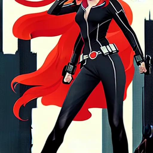 Image similar to phil noto comicbook cover art, black widow marvel, symmetrical eyes, long red hair, full body, city rooftop