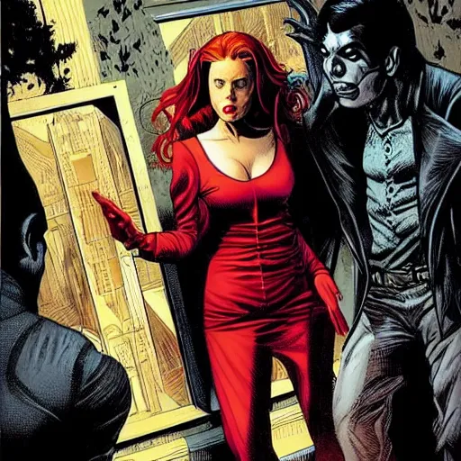 Image similar to vampire : : rafeal albuquerque comic art, john totleben : : gorgeous amy adams : : sharp teeth : : symmetrical face, symmetrical eyes : : gorgeous red hair : : magic lighting : :