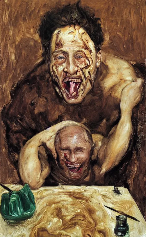 Image similar to Putin eating used diapers covered in brown substance at a dinner table, Putin portrait, brown liquid dripping down mouth, face of fear, ugly body painted by Lucian Freud, Jenny Saville, Ilya Repin