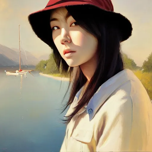 Image similar to oil painting by ilya kuvshinov,, baugh casey, craig mullins, coby whitmore, of a youthful japanese girl, long hair, fishing and wearing fisherman's outfit, fisherman's hat, highly detailed, breathtaking face, studio photography, noon, intense bounced light, water reflection, large tree casting shadow, serine intense sunlight